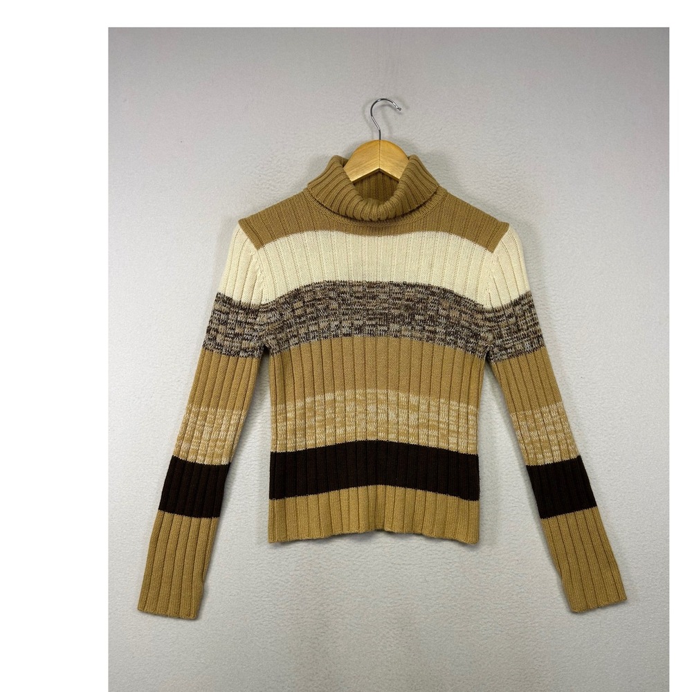 Academia Tomfoolery Womens Medium Tan Striped‎ Ribbed Turtleneck Sweater 6649
